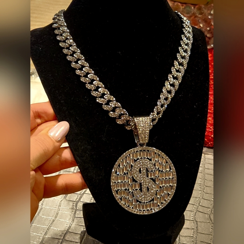 Dollar Pendant Rhinestone Cuban Chain Necklace Hip Hop Style Symbolizes Harvest